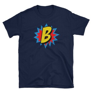 Camisa de super-herói em quadrinhos com letra B personalizada, camiseta, roupas para adultos, designs de camisas, ideias para presentes