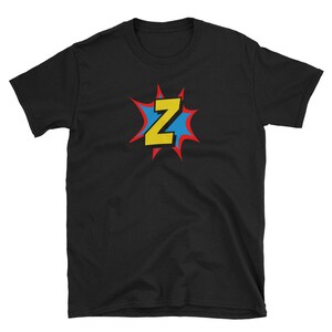 Camisa de super-herói em quadrinhos com letra Z personalizada, camiseta, roupas para adultos, designs de camisas, ideias para presentes