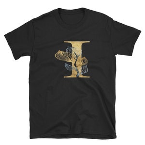 Camiseta com letra floral dourada I, roupas unissex para adultos, designs de camisas, ideias para presentes