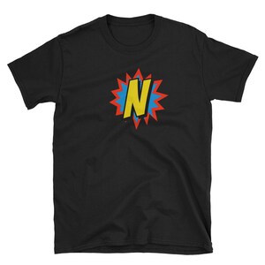 Camisa de super-herói em quadrinhos com letra N personalizada, camiseta, roupas para adultos, designs de camisas, ideias para presentes