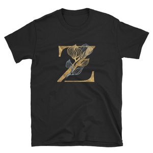 Camiseta floral dourada com letra Z, roupas unissex para adultos, designs de camisas, ideias para presentes