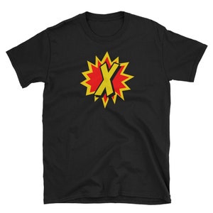 Camisa de super-herói em quadrinhos com letra X personalizada, camiseta, roupas para adultos, designs de camisas, ideias para presentes