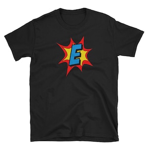 Camisa de super-herói em quadrinhos com letra E personalizada, camiseta, roupas para adultos, designs de camisas, ideias para presentes