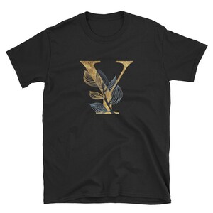 Camiseta floral dourada com letra Y, roupas unissex para adultos, designs de camisas, ideias para presentes