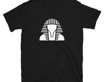 May include: Black t-shirt with a white graphic of a pharaoh wearing a traditional headdress.