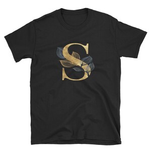 Camiseta floral dourada com letra S, roupas unissex para adultos, designs de camisas, ideias para presentes
