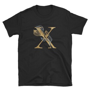 Camiseta floral dourada com letra X, roupas unissex para adultos, designs de camisas, ideias para presentes