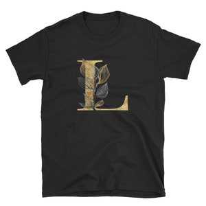 Camiseta com letra floral dourada L, roupas unissex para adultos, designs de camisas, ideias para presentes