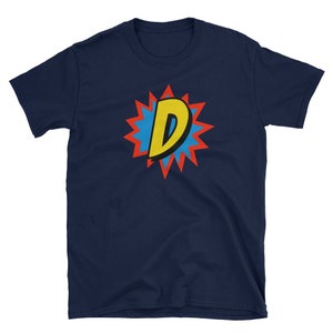 Camisa de super-herói em quadrinhos com letra D personalizada, camiseta, roupas para adultos, designs de camisas, ideias para presentes