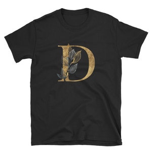 Camiseta floral dourada com letra D, roupas unissex para adultos, designs de camisas, ideias para presentes