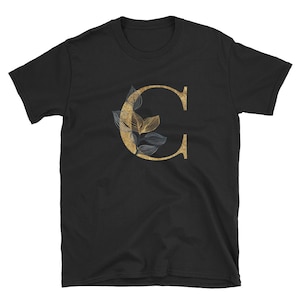Camiseta floral dourada com letra C, roupas unissex para adultos, designs de camisas, ideias para presentes