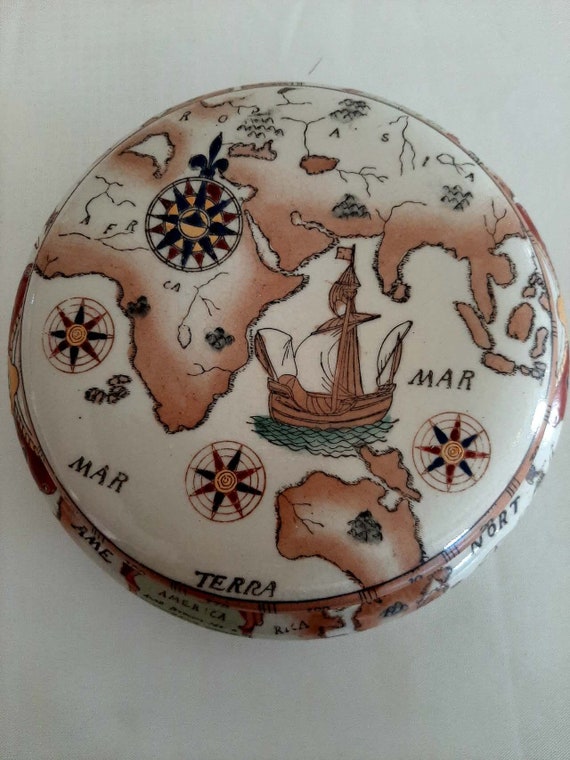 Porcelain Ceramic Round Painted Worldmap Trinket … - image 2