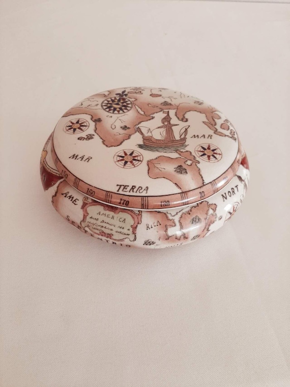 Porcelain Ceramic Round Painted Worldmap Trinket … - image 1