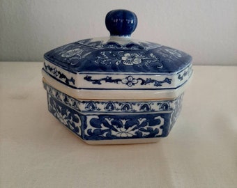Vintage Hexagonal Orchid Canister, Blue Floral Ceramic Decor