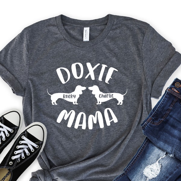 Personalized Doxie Mama Shirt - Custom Dachshund Mom Shirt with 2 Names - Dachshund Mama Gift [Unisex Shirt]