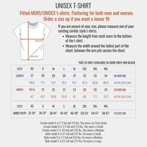 The image is a collage of various images, including a white t-shirt and a black and white t-shirt, along with a size chart for men and women.