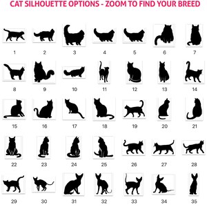 a collection of silhouettes depicting various cat and dog breeds, along with a directional arrow pointing to the "DOG SILHOUETTE OPTIONS - ZOOM TO FIND YOUR BREED" section.