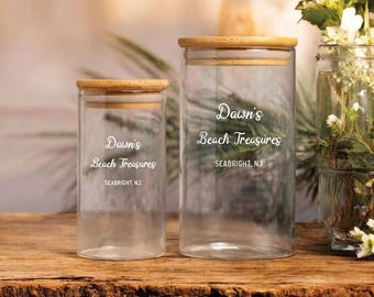 Personalized Beach Treasures Jar, Custom Seashell Collection Holder, Seashell Keepsake Shells Glass Storage Jar, Beach Decor
