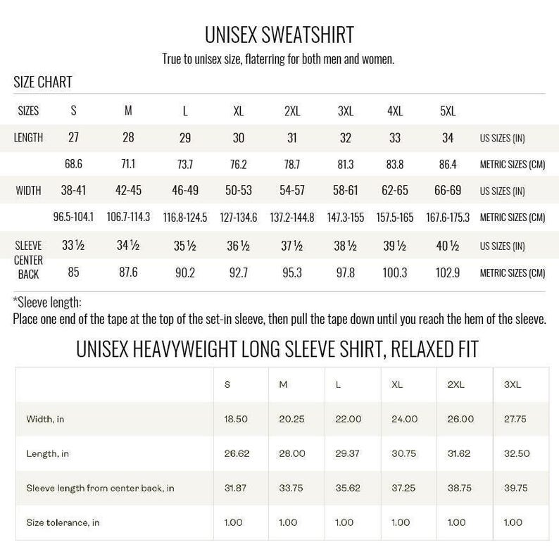 The image is a size chart for a sweatshirt, providing measurements for different sizes and styles.