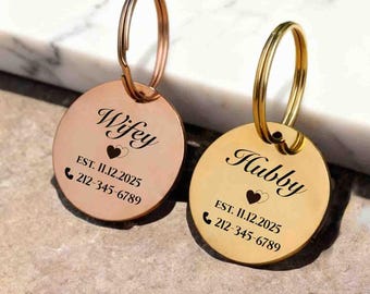 Personalized Wifey Hubby new couple matching keychain tag with Est contact info, Custom Newlywed Bridal Shower Wedding Gift for Bride, Groom