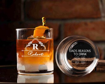 Personalized Whiskey Glasses for Dad, Custom Engraved Rocks Glass with message on bottom, Monogram Dad Gift, Father's Day, Grandpa Gift
