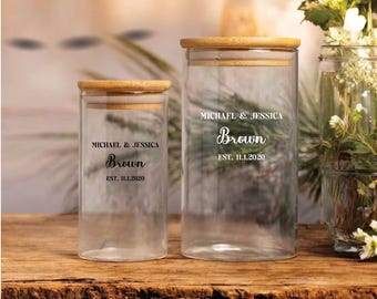 Personalized Glass Jar for new couple with names and wedding date, Custom Storage Jar, Newly Wed, Wedding Shower Housewarming Gift