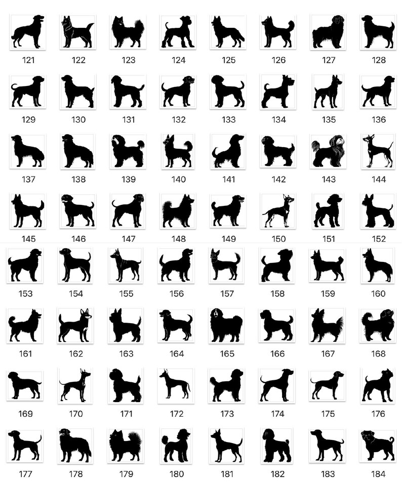 a grid of silhouettes of various dog breeds, each representing a different breed. The silhouettes are black and appear to be stylized or abstract, rather than depicting a realistic image of a dog. The image is not a single, continuous scene but rather a collection of individual images arranged in a grid format.