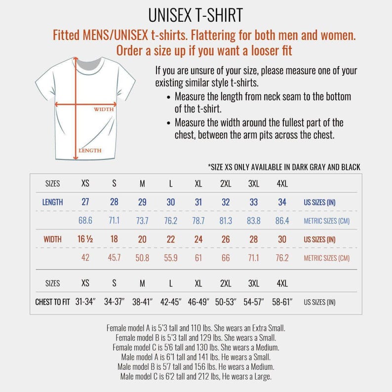 The image is a collage of various images, including a white t-shirt and a black and white t-shirt, along with a size chart for men and women.