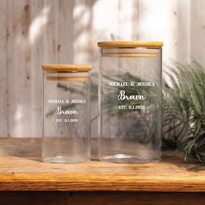 Personalized Glass Jar for new couple with names and wedding date, Custom Storage Jar, Newly Wed, Wedding Shower Housewarming Gift