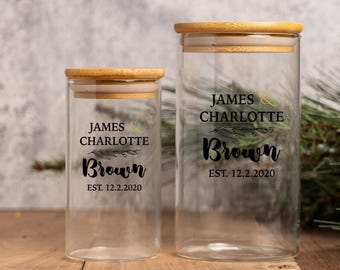 Personalized Glass Jar for new couple with names and wedding date, Custom Storage Jar, Newly Wed, Wedding Shower Housewarming Gift