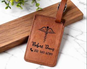 Personalized luggage tag for Registered Nurse, Doctor, and Medical Students, Healthcare, Custom Engraved Vegan Leather ID Tag for Suitcase