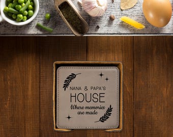 Grandma Grandpa House Coaster Set,  Set of 4 Vegan Leather Coasters, Custom Nana, Grammy, Mimi Kitchen Gift