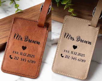 Personalized new couple matching luggage tag, Custom Mr Mrs. Newlywed Honeymoon gift, travel outdoor gift for groom & bride, Vegan Leather