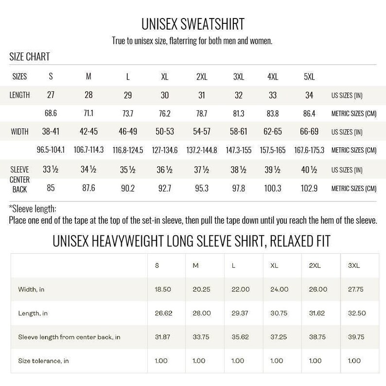 The image is a size chart for a sweatshirt, providing measurements for different sizes and styles.