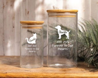 Personalized Pet Memorial Glass Jar, Custom Dog Cat Silhouette Memory Jar, Dog Cat Fur Storage Jar