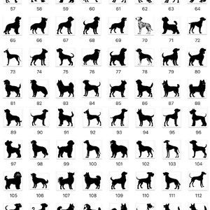 a grid of silhouettes depicting various dog breeds, each with a unique silhouette. The silhouettes are arranged in rows and columns, creating a visually striking collage of dog breeds.