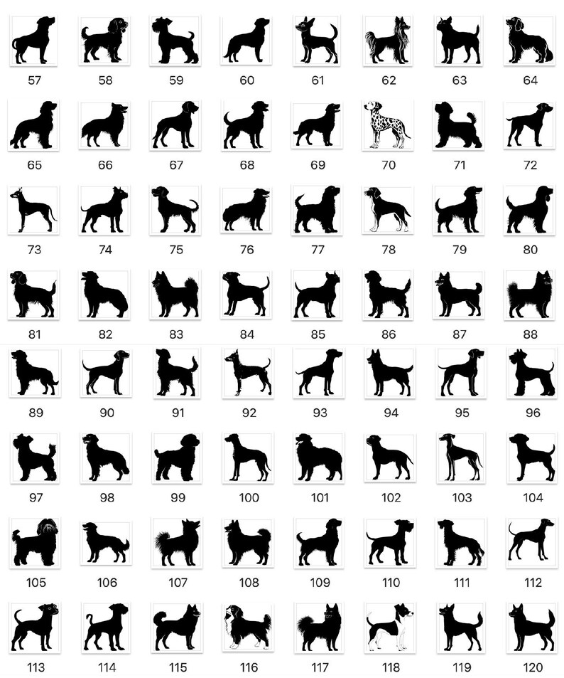 a grid of silhouettes depicting various dog breeds, each with a unique silhouette. The silhouettes are arranged in rows and columns, creating a visually striking collage of dog breeds.