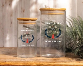 Personalized Family Christmas Glass Storage Jar with name and date, Custom 2025 Christmas Holiday Decor