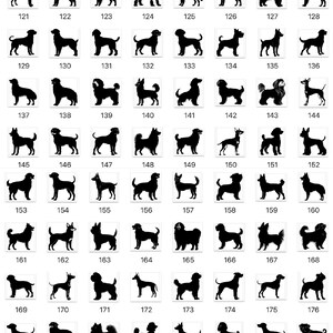 a grid of silhouettes of various dog breeds, each representing a different breed. The silhouettes are black and appear to be stylized or abstract, rather than depicting a realistic image of a dog. The image is not a single, continuous scene but rather a collection of individual images arranged in a grid format.