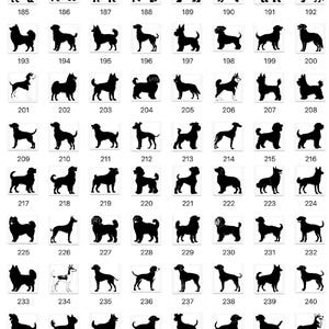 a grid of silhouettes of various dog breeds, each representing a different breed. The silhouettes are black and are arranged in rows and columns, creating a visually striking and organized display.