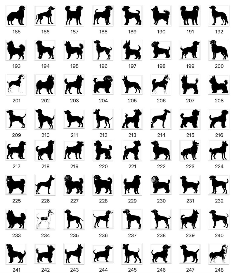 a grid of silhouettes of various dog breeds, each representing a different breed. The silhouettes are black and are arranged in rows and columns, creating a visually striking and organized display.