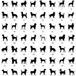 a grid of silhouettes of various dog breeds, with each silhouette representing a different breed. The silhouettes are arranged in rows and columns, and the image includes text that provides information about the silhouettes, such as "Zoom to find your breed" and "MORE ON NEXT PAGE 1/4 PAGE".
