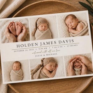 May include: A rectangular birth announcement card featuring six photographs of a newborn baby, including close-ups of feet and hands. The text reads: HOLDEN JAMES DAVIS, OCTOBER 24, 2023, 9:50 AM, 7 LB 4 OZ, 21 INCHES, welcomed with all our love, JULIE & MICHAEL.