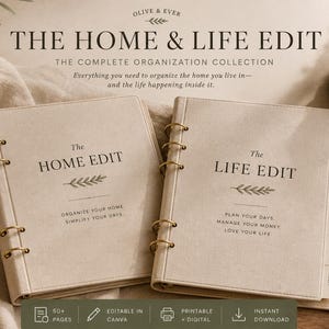 May include: Two beige ring-bound planners titled The Home Edit and The Life Edit. The covers feature text, leaf icons, and gold rings. A circular badge notes 2 editable Canva templates. The planners include tabs for plan, money, meals, goals, life admin, and reset.