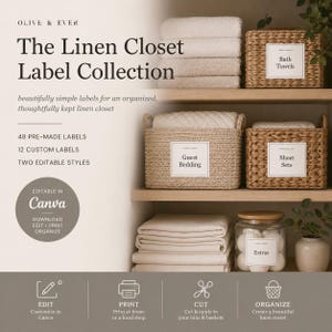 Op de afbeelding: De Linen Closet Label Collection van Olive & Ever bevat 48 kant-en-klare en 12 aangepaste labels, bewerkbaar in Canva. De afbeelding toont gevlochten manden en een glazen pot met houten deksel, elk voorzien van witte rechthoekige stickers.