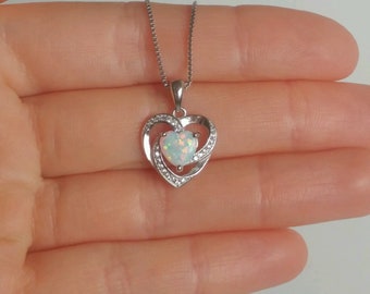 Opal Heart Necklace, Sterling Silver, Heart Necklace, White Opal Necklace, Opal Jewelry, Opal Wedding, Opal Bridesmaid, Birthday Gift, Mom
