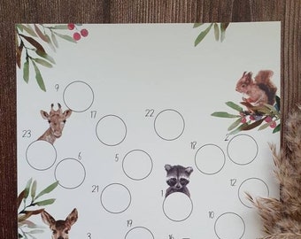 Personalisierbarer Adventskalender DIY  (Überschrift frei), A4 Tiermotive inklusive  25 Rubbelsticker gold