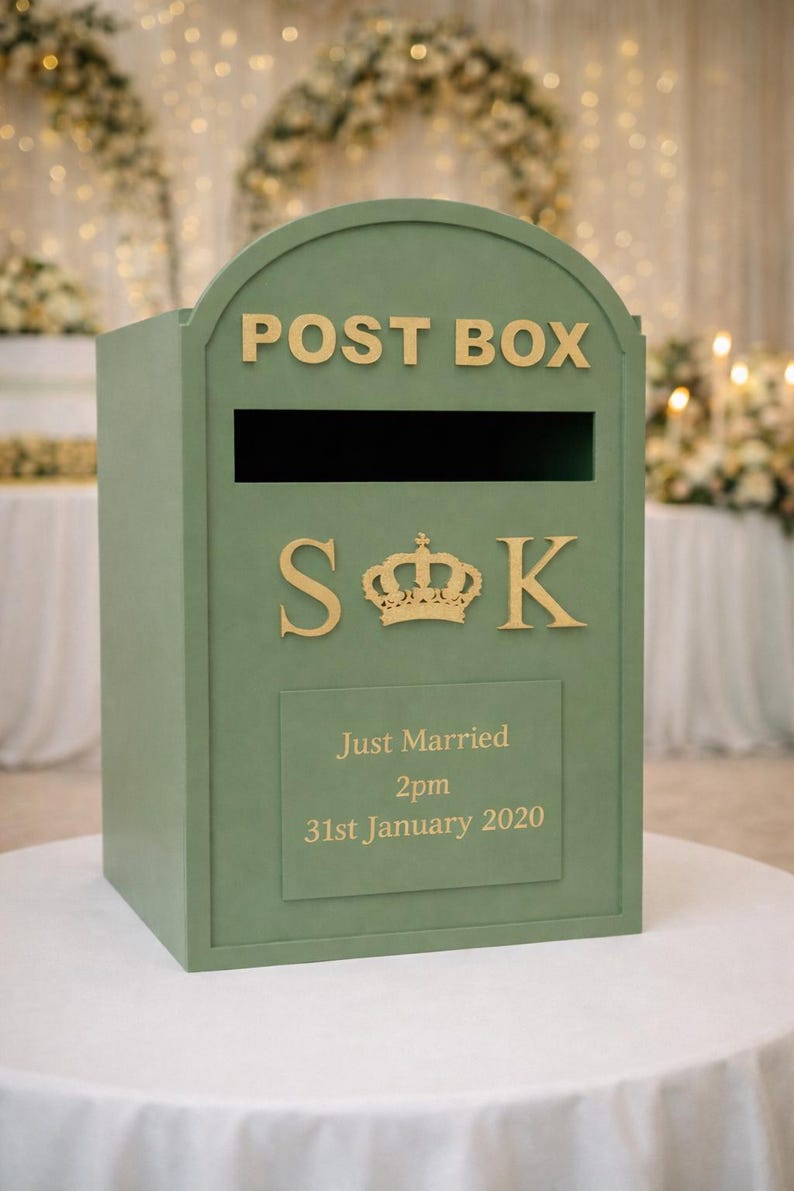 Puede incluir: Una caja de correo verde salvia con la inscripci&oacute;n "POST BOX" en letras doradas. La caja presenta las iniciales "S & K" con una corona y el texto "Just Married 2pm 31st January 2020".