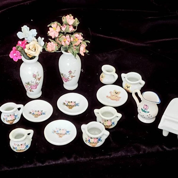 Vintage DOLL House Miniature Vases, Sugar, Creamers, Saucers, Plates, Piano, Flowers, Pitcher, Teddy Bear, 14 Piece Doll House Accessories