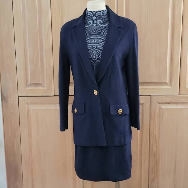 Vintage St John Collection 3 Piece Suit Blue Skirt, Jacket and Mock Turtleneck Shell Size M 6 10 Like New St. John Knit, by Marie Gray